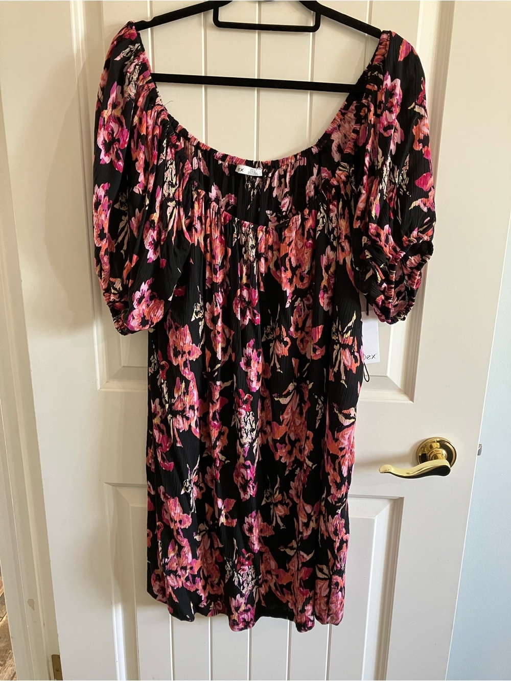 Dex Black Floral Puff Sleeve Dress with Pink & Coral Blooms
